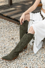 Load image into Gallery viewer, iiimmu Cowgirl Boots Pointed Toe and Block Heel Suede Cowboy Boots for Women with Embroidered, Green, Size 8
