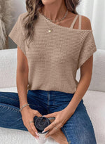 Load image into Gallery viewer, Dokotoo Womens Summer Off The Shoulder Tops for Women Waffle Knit Short Sleeve T-Shirts Casual Loose Elegant Cross Straps Lightweight Soft Solid Color Blouses Cute Trendy Fashion 2025 Khaki Small
