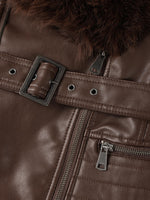 Load image into Gallery viewer, Bellivera Women's Faux Leather Short Jacket Moto Sherpa-Lined Belt Coat with Removable Fur Collar 9203 Brown S
