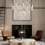 Load image into Gallery viewer, 34-Light Gold Chandeliers for High Ceilings, Large Raindrop Chandelier for Foyer, Entryway, Staircase, Luxury Long Big Hanging Light Fixtures with Glass, Brass Pendant Light Fixtures Living Room
