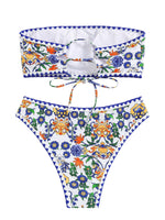 Load image into Gallery viewer, ZAFUL Women Strapless Textured Bandeau Bikini 2 Piece Swimwear Cheeky Solid Lace up Bathing Suits(7-Blue Yellow,M)
