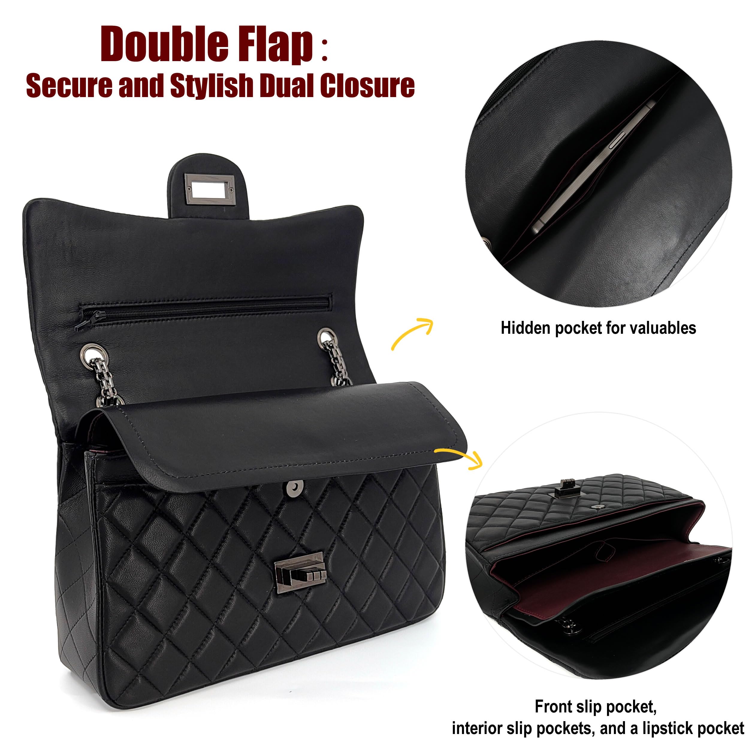 M-ioi-M Quilted Genuine Leather Crossbody Bags for Women, Soft Lambskin Adjustable Double Chain Strap Shoulder Bag, Medium Luxury Classic Designer Flap Purse, Trendy Lady Evening Handbag(Black,Medium)