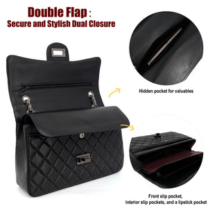 M-ioi-M Quilted Genuine Leather Crossbody Bags for Women, Soft Lambskin Adjustable Double Chain Strap Shoulder Bag, Medium Luxury Classic Designer Flap Purse, Trendy Lady Evening Handbag(Black,Medium)