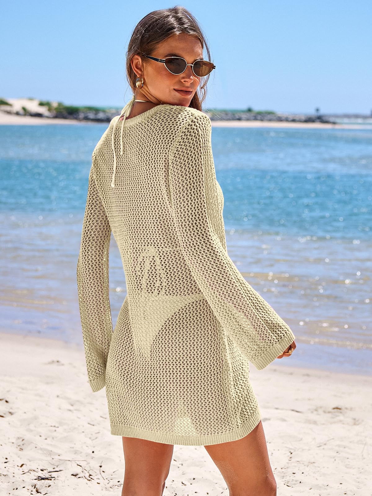ANRABESS Women Beach Crochet Cover Ups Summer Knit Swimwear Mesh Bathing Suit Hollow Out Dress 2025 Vacation Swimsuit Beige