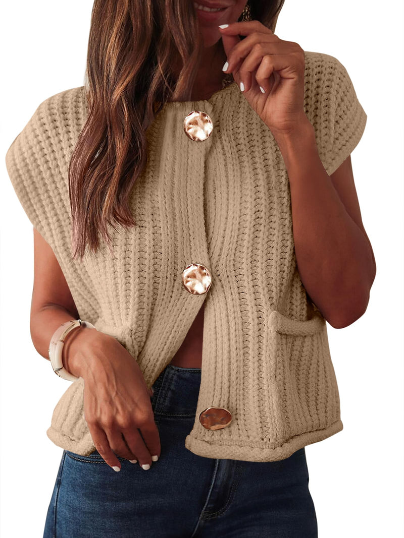 ANRABESS Women Chunky Knit Sweater Vest Button Down Casual Sleeveless Cardigan with Pockets Spring Trendy Outfits 2025 Khaki Small