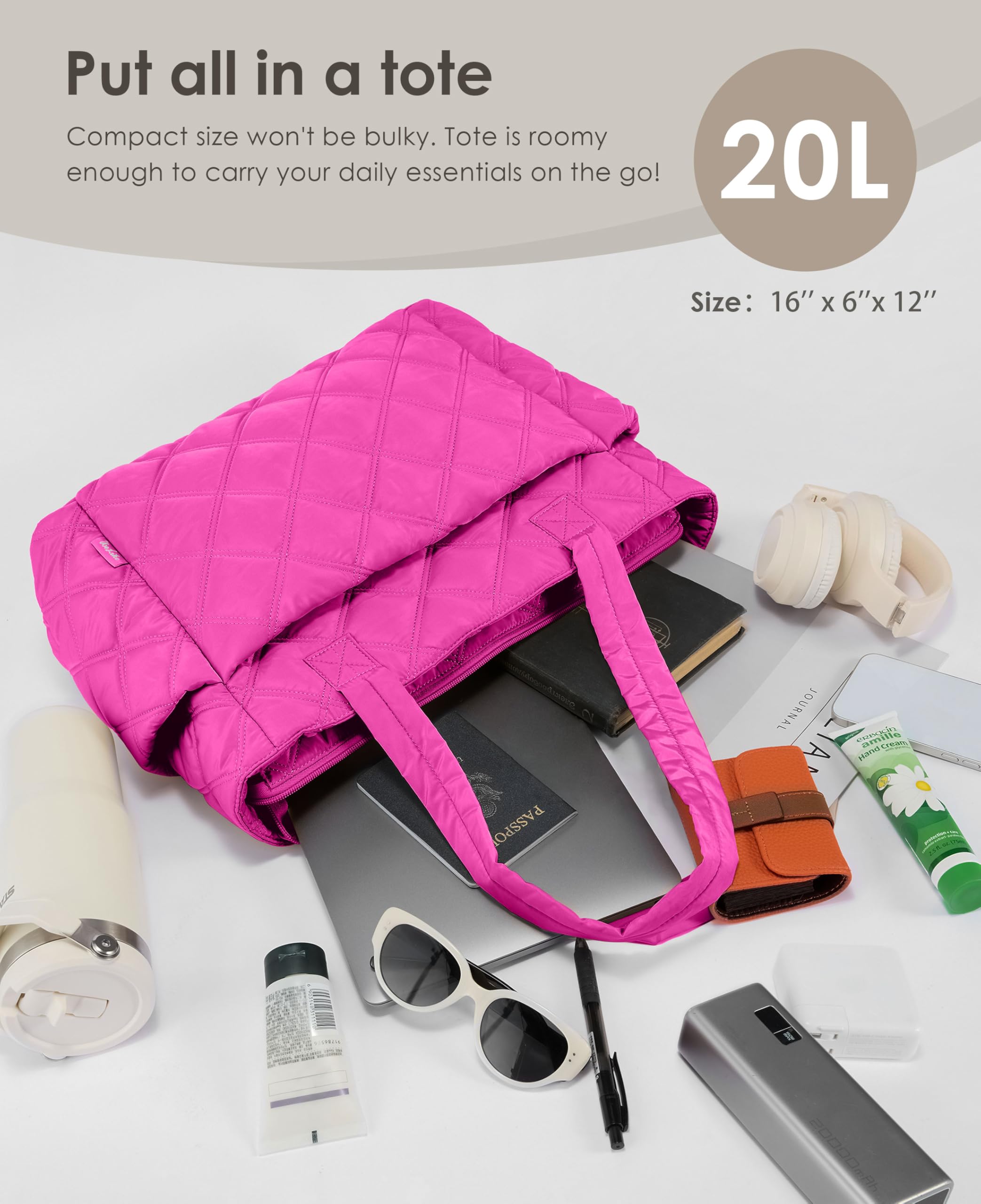 Uselike Tote Bag for Women, Lightweight Puffer Tote Work Bags with Compartments for Travel, Quilted Shoulder Bag with Zipper