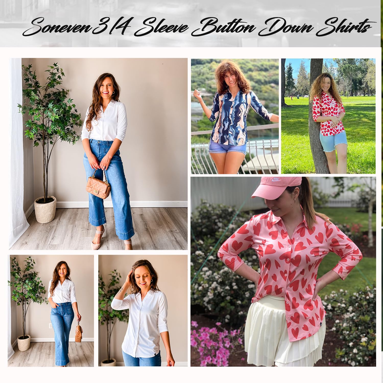 Soneven Womens 3/4 Sleeve Golf Blouses Long Sleeve Button Down Shirts for Women Work Blouses V Neck Collared Shirts