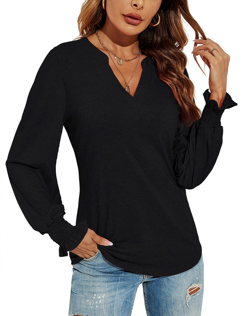 Romanstii Womens Casual Long Sleeve T-Shirts Ladie V-Neck Tunic Blouse Tops,Black,M