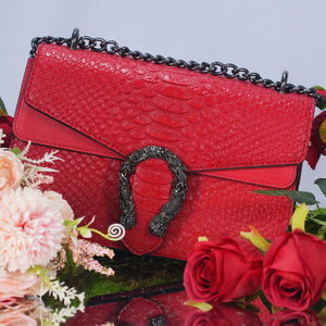 Aiqudou Leather Crossbody Bag Chain Purse for Women - Snake Print Shoulder Bag Luxury Evening Satchel Handbag Ladies Underarm Bag(Red)