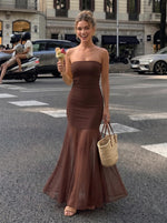 Load image into Gallery viewer, Curvphilo Strapless Bodycon Maxi Dress Women Double Lined Modal Mesh Formal Cocktail Party Wedding Guest Dress (Double Lined, US, Alpha, Medium, Regular, Regular, Chocolate Brown)
