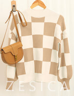 Load image into Gallery viewer, ZESICA Women's 2025 Fall Fashion Turtleneck Long Sleeve Striped Ribbed Knit Loose Pullover Sweater Tops Khaki Plaid Medium
