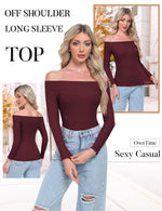Load image into Gallery viewer, OwnTime Womens Off The Shoulder Tops Sexy Long Sleeve Shirts Fall Ribbed Knit Slim Fit Going Out Trendy Tops Blouses Burgundy M
