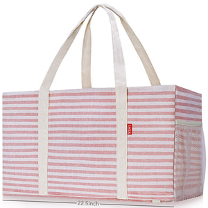 LHZK Standing Extra Large Utility Tote Bag with Metal Wire Frame and the Sides Rinforced, Extra Large Tote Bag with Handle, Reusable Grocery Bags Foldable, Beach Bag, Car Tote (Pink)