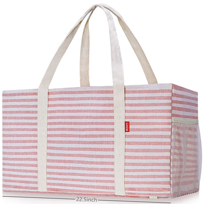LHZK Standing Extra Large Utility Tote Bag with Metal Wire Frame and the Sides Rinforced, Extra Large Tote Bag with Handle, Reusable Grocery Bags Foldable, Beach Bag, Car Tote (Pink)