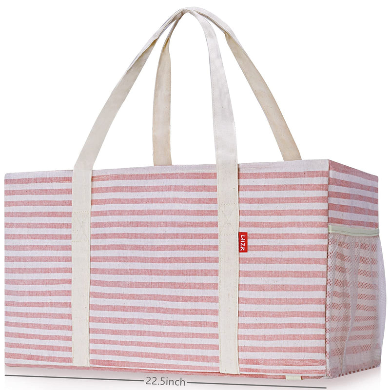 LHZK Standing Extra Large Utility Tote Bag with Metal Wire Frame and the Sides Rinforced, Extra Large Tote Bag with Handle, Reusable Grocery Bags Foldable, Beach Bag, Car Tote (Pink)