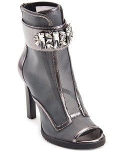 Karl Lagerfeld Paris Women's Blayze Peep-Toe Heeled Fashion Bootie with Stud Embellishments Boot, Silver, 8.5
