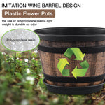 Load image into Gallery viewer, Quarut 3 Pack 10 inch Plant Pots,Whiskey Barrel Planters with Drainage Holes &amp; Saucer, Plastic Decoration Flower Pots Imitation Wine Barrel Design, for Indoor &amp; Outdoor Garden Home Plants (Brown)
