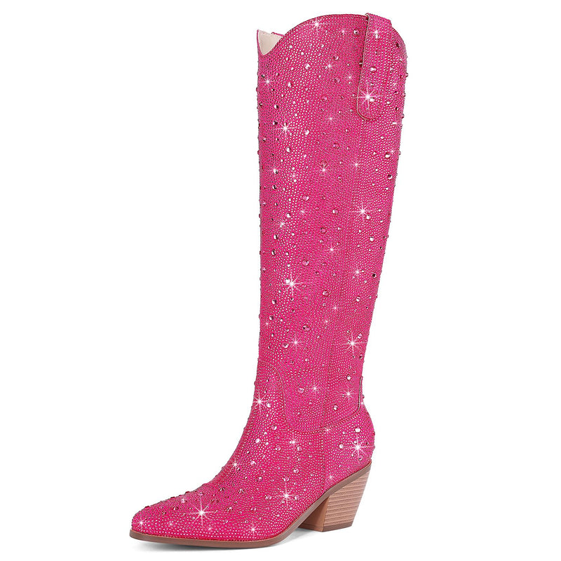 RONILURN Women Rhinestone Cowgirl Boots Cowboy Knee High Boots Sparkly Glitter Western Boots Bling Pointed Toe Chunky Heel Side Zippers Pull On