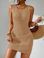 Load image into Gallery viewer, BreathSunny Womens Crochet Knit Swimsuit Cover Up Dress for Woman Summer 2026 Sexy Vacation Outfits Sleeveless Crew Neck Mesh Sheer Bathing Suit Hollow Out Mini Beach Dress Caramel Beige S
