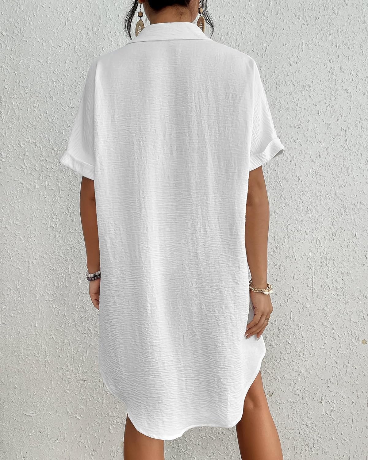 Bsubseach Swimsuit Coverup for Women Button Down Beach Shirts Blouse Short Sleeve Swimwear Cover Ups White M