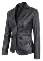 Load image into Gallery viewer, UGFashions Women Casual Lambskin Leather Blazer Jacket Women Classic 2-Button Long Sleeves Suit Style Leather Car Coat Black, XX-Large
