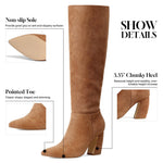Load image into Gallery viewer, CYNLLIO Suede Brown Knee High Boots for Women Tall Wide Calf Tan Boots Fall Long Boot 3.35" Chunky Heeled Pointed Toe Botas de Mujer Elegantes Size 8.5
