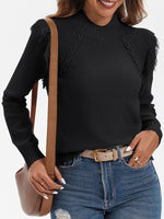 Load image into Gallery viewer, Saodimallsu Womens Cable Knit Sweaters Mock Neck Fringe Fitted Long Sleeve Boho Trendy Pullover Tops Black
