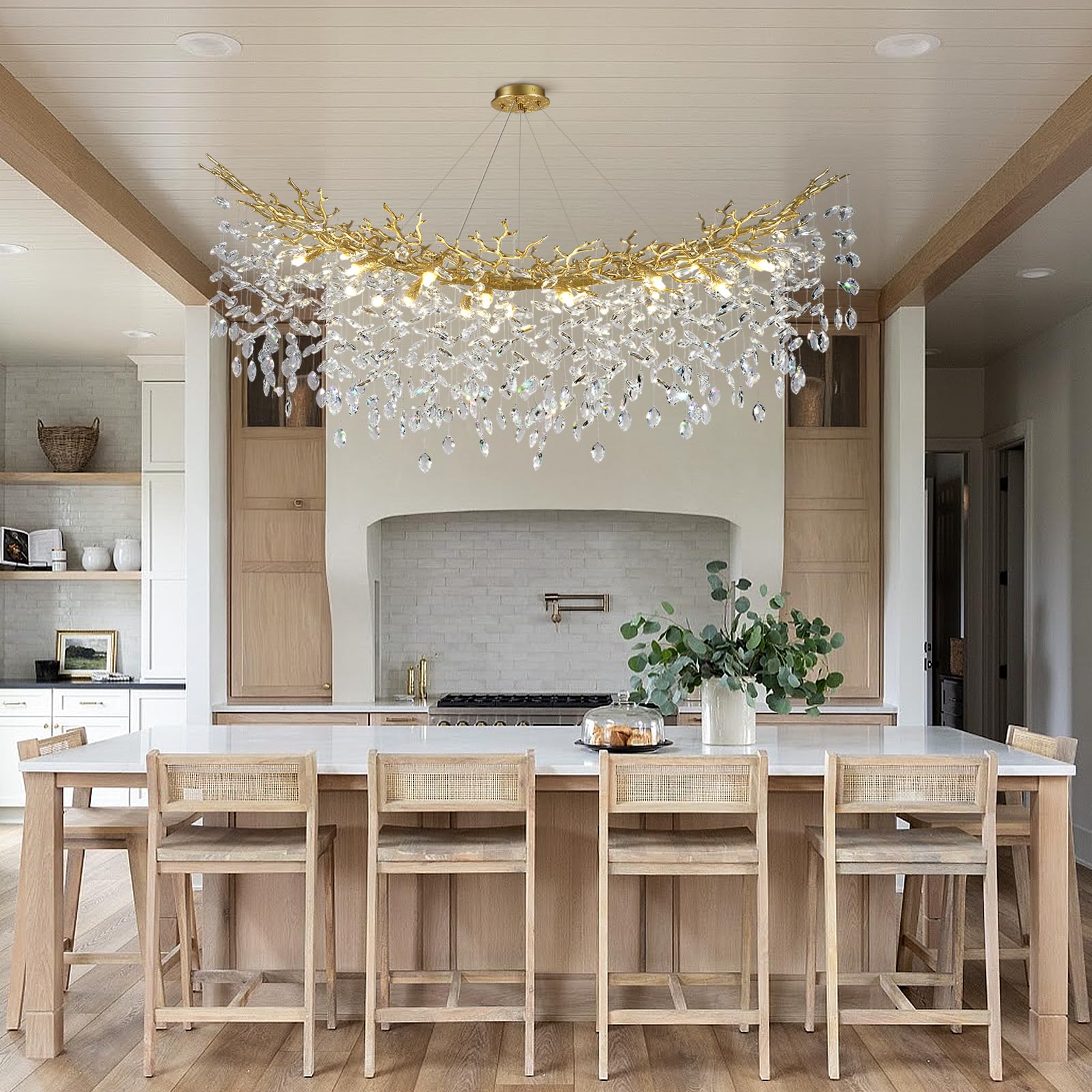 kvtinmty Modern Crystal Gold Chandelier, 55" Large Rectangular Oval Tree Branch Crystal Chandeliers for Dining Room,16-Light Flush Mount K9 Crystal Chandeliers, for Kitchen Island,Dining Room