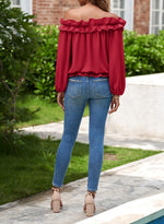 Load image into Gallery viewer, evnanic Women&#39;s Sexy Off The Shoulder Tops Long Sleeve Shirt Pleated Ruffle Flowy Blouses Spring Bright Red M
