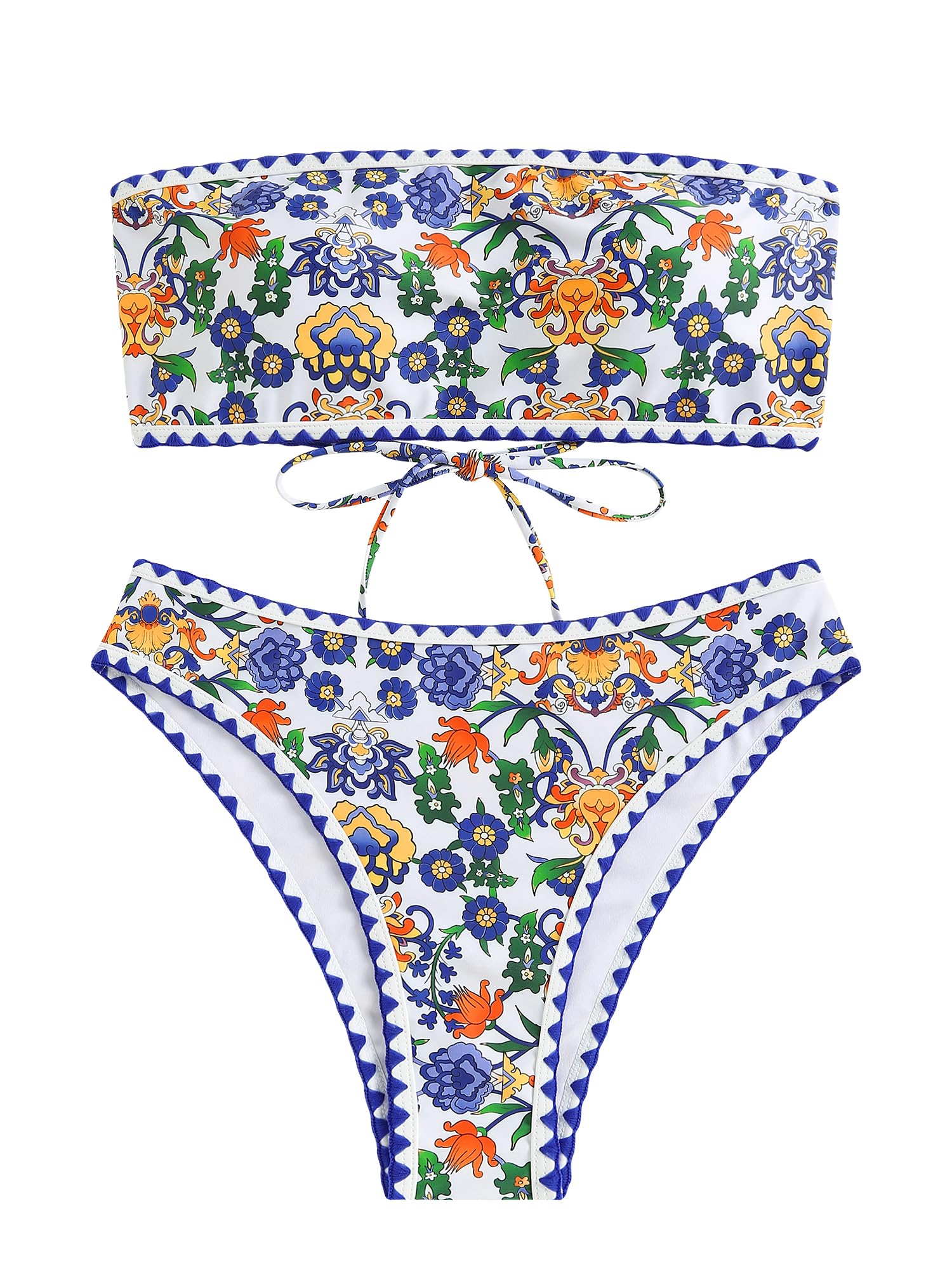 ZAFUL Women Strapless Textured Bandeau Bikini 2 Piece Swimwear Cheeky Solid Lace up Bathing Suits(7-Blue Yellow,M)
