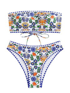 ZAFUL Women Strapless Textured Bandeau Bikini 2 Piece Swimwear Cheeky Solid Lace up Bathing Suits(7-Blue Yellow,M)