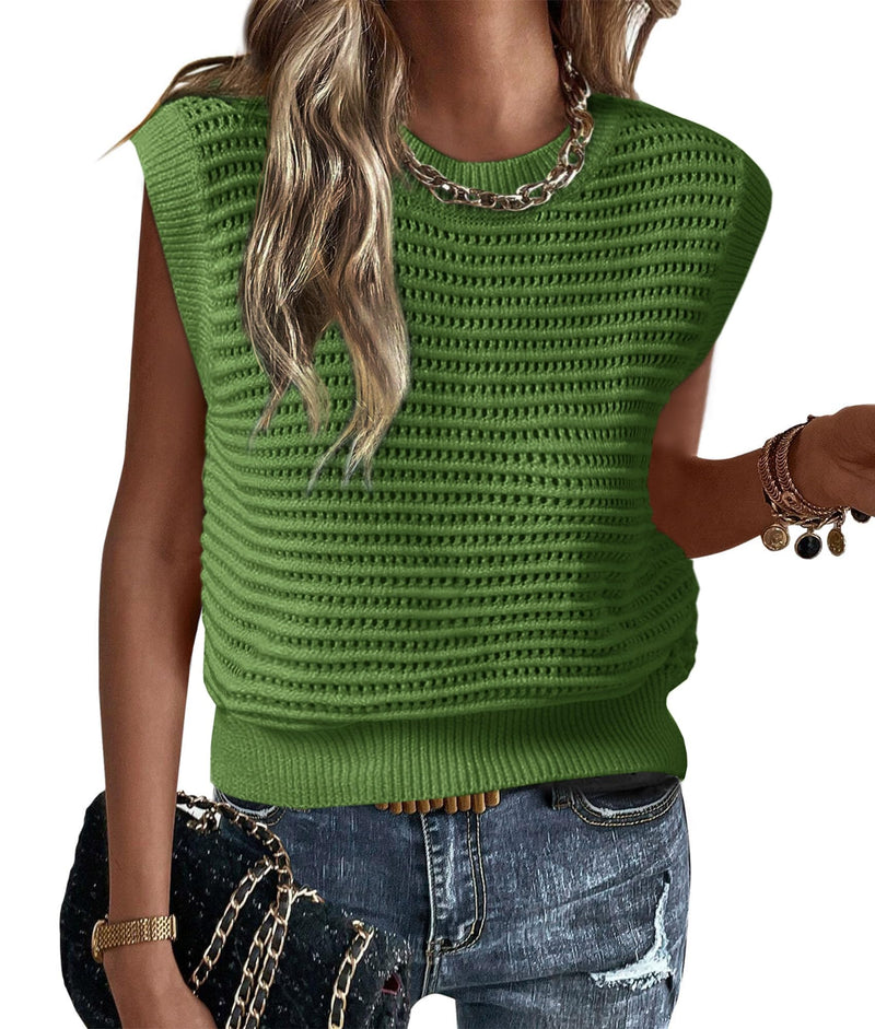 Summer Sweater Vest for Women Crew Neck Sleeveless Knit Solid Casual Ribbed Preppy Pullover Tops Green M
