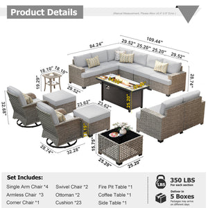 HOOOWOOO Outdoor Sectional Patio Furniture Set with Fire Pit Table,15 Pieces Wicker Conversation Sets L Shaped Couch,Extra Deep Out Door Sofa Outside Furniture with Swivel Chairs Ottomans,Light Gray