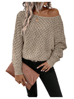 Load image into Gallery viewer, SweatyRocks Women's Off The Shoulder Sweater Boat Neck Dolman Sleeve Crochet Knit Pullover Sweaters Khaki Medium

