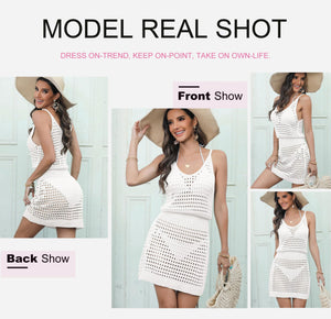 Dokotoo Sexy Swim Cover Up for Women 2025 Summer Fashion Scoop Neck Sleeveless Crochet Hollow Out Knit Mesh Spaghetti Straps Swimsuit Bikini Beach Dress Cruise Essentials Outfits All White Medium