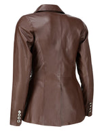 Load image into Gallery viewer, Jild Double Breasted Fancy Buttons Lambskin Leather Blazer Women - Kim Kardashian Long Sleeve Coat Style Leather Jacket Women (FC-Brn-M)
