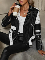 Load image into Gallery viewer, Bellivera Women Faux Leather Jacket Studded Rivet Floral Moto Biker Coat 0376A Blackwhite M
