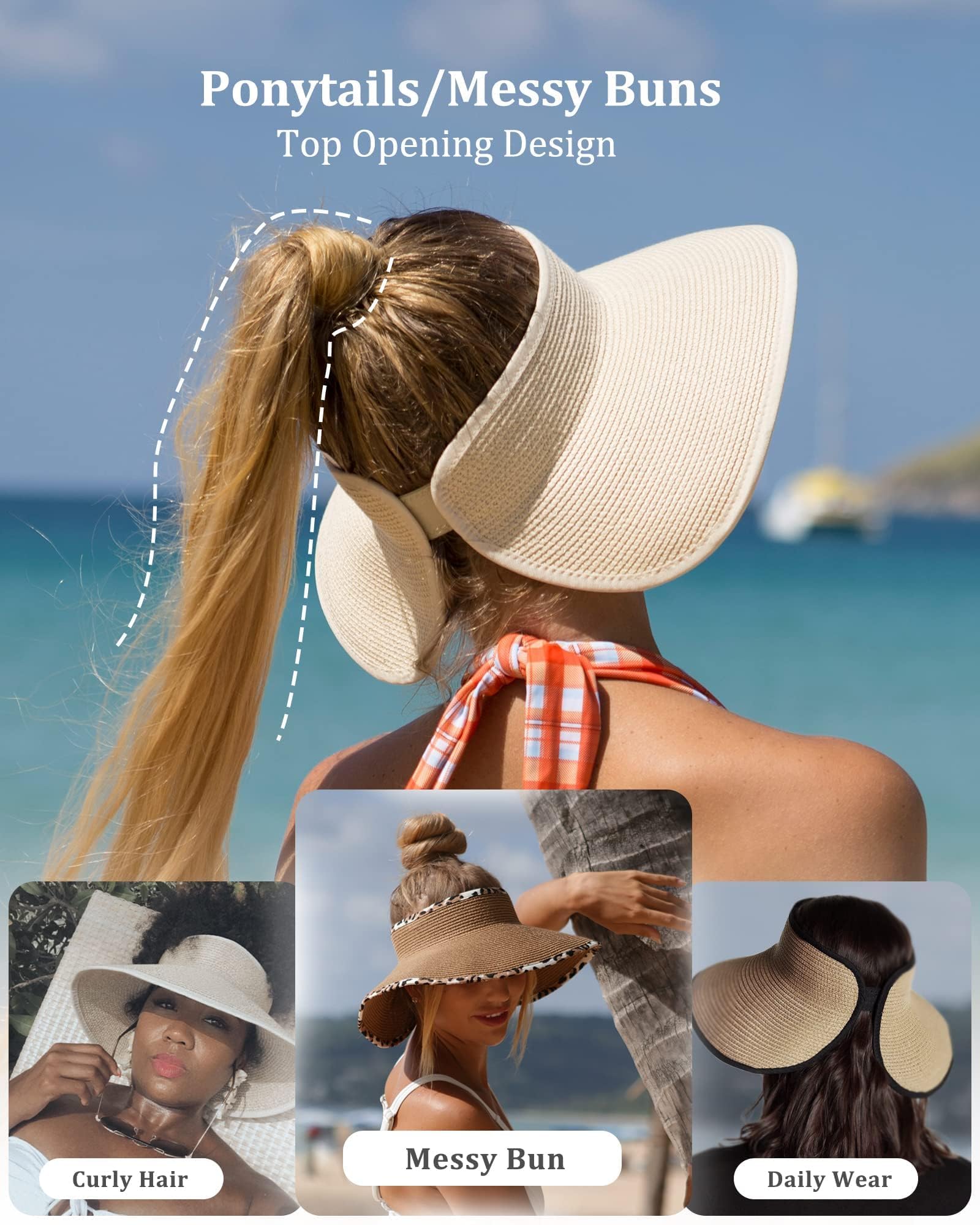 FURTALK Sun Visor Hats for Women Wide Brim Straw Ponytail Summer Beach Hat UV UPF Packable Foldable Travel Black