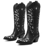 Load image into Gallery viewer, SaraIris Black Knee High Cowboy Boots for Women - Size 8.5, Chunky Heel, Pointed Toe, Rhinestones
