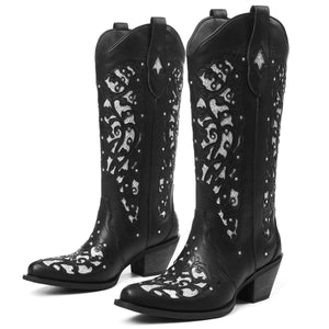 SaraIris Black Knee High Cowboy Boots for Women - Size 8.5, Chunky Heel, Pointed Toe, Rhinestones