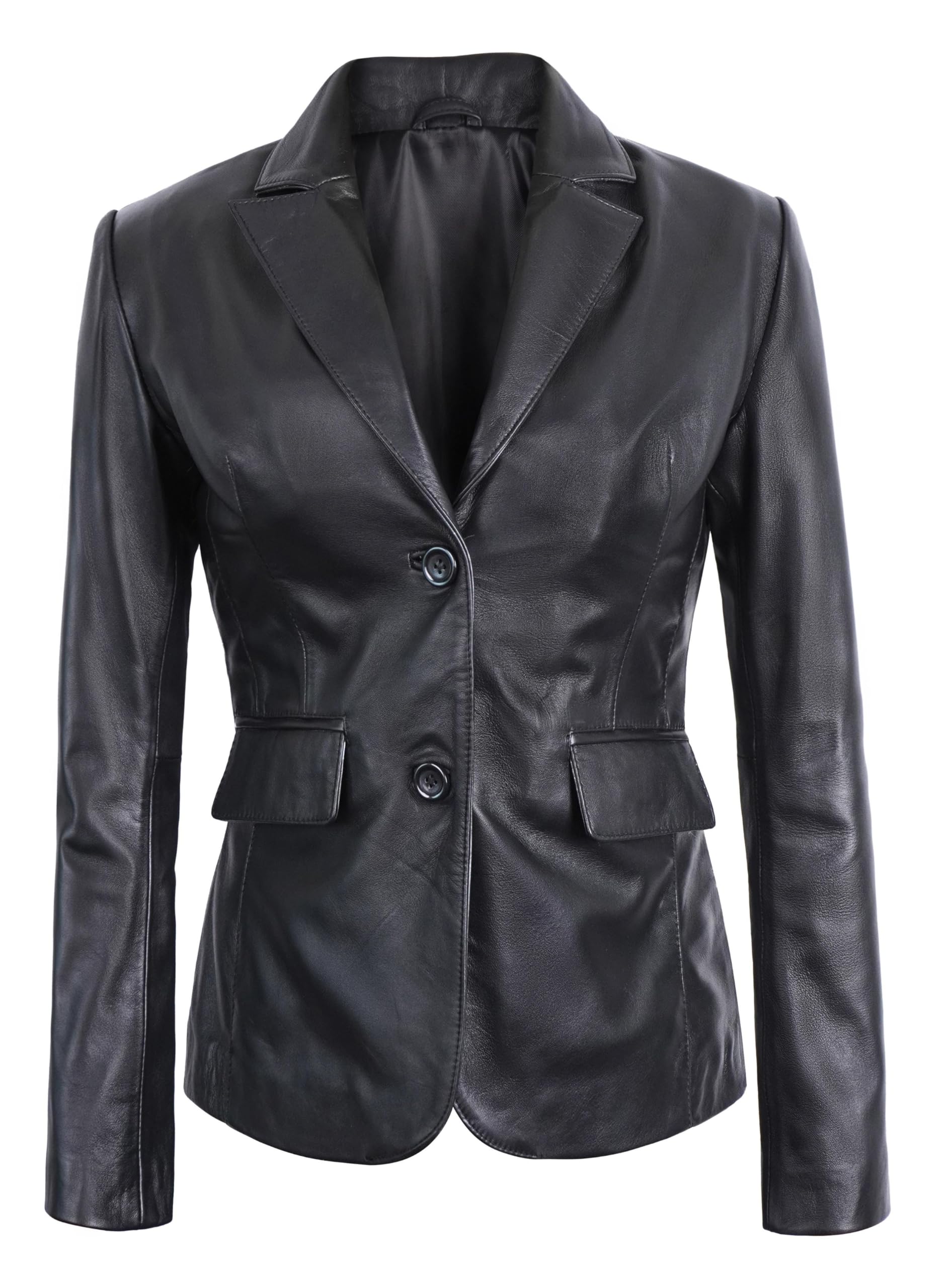 UGFashions Women Casual Lambskin Leather Blazer Jacket Women Classic 2-Button Long Sleeves Suit Style Leather Car Coat Black, XX-Large