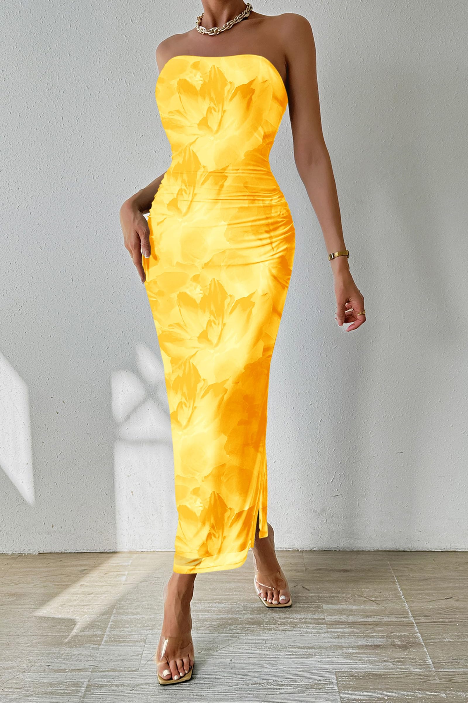 PRETTYGARDEN Women's Summer Maxi Bodycon Dresses Strapless Tube Top Printed Long Party Club Slit Dress (Floral Yellow,Medium)