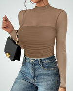 Load image into Gallery viewer, Kentysill Women&#39;s Sexy Bodysuit for Outfits: Mock Turtle Neck Long Sleeve Body Suit - Mesh Sheer Ruched Going Out Bodysuits Brown XXL
