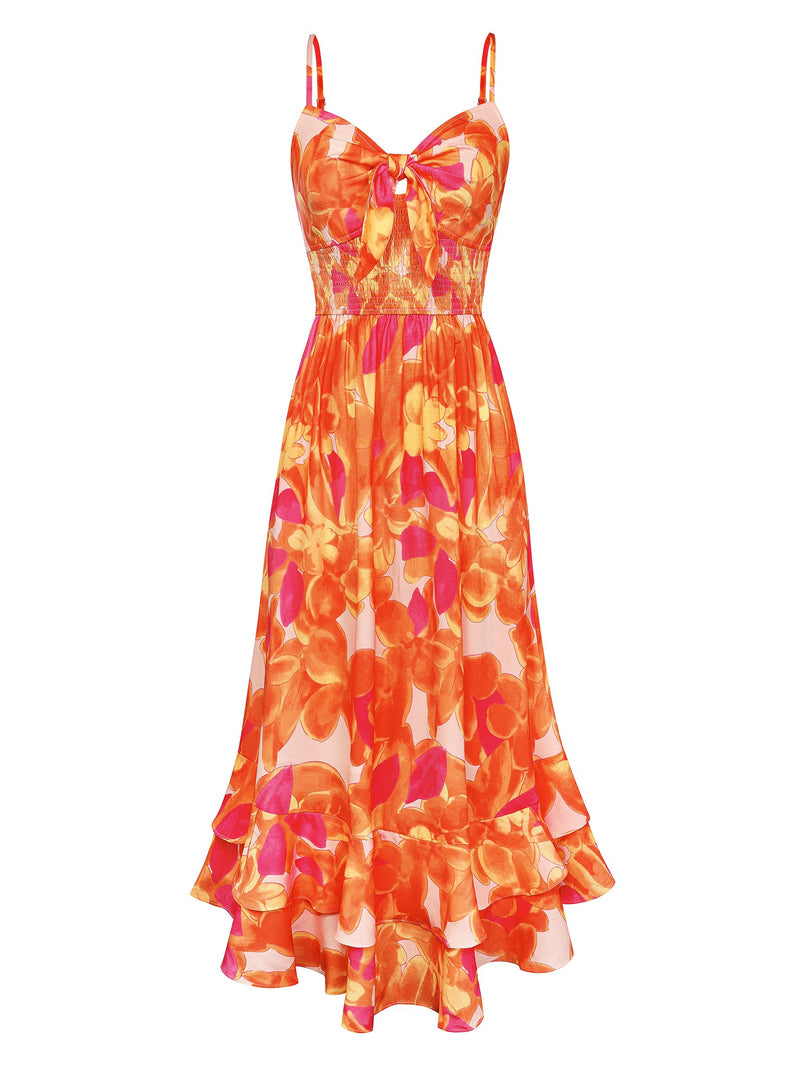 GRACE KARIN Womens Maxi Floral Sundresses Summer Beach Boho Dress Spaghetti Strap Dresses Casual Fashion Clothes with Pockets Orange Floral M