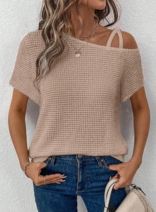 Dokotoo Womens Summer Off The Shoulder Tops for Women Waffle Knit Short Sleeve T-Shirts Casual Loose Elegant Cross Straps Lightweight Soft Solid Color Blouses Cute Trendy Fashion 2025 Khaki Small