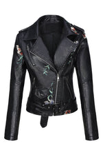 Load image into Gallery viewer, Bellivera Spring Faux Leather Jacket For Women Womens Long Sleeves Winter Faux Leather Embroidery Floral Zipper Jacket,Black1702020,Medium
