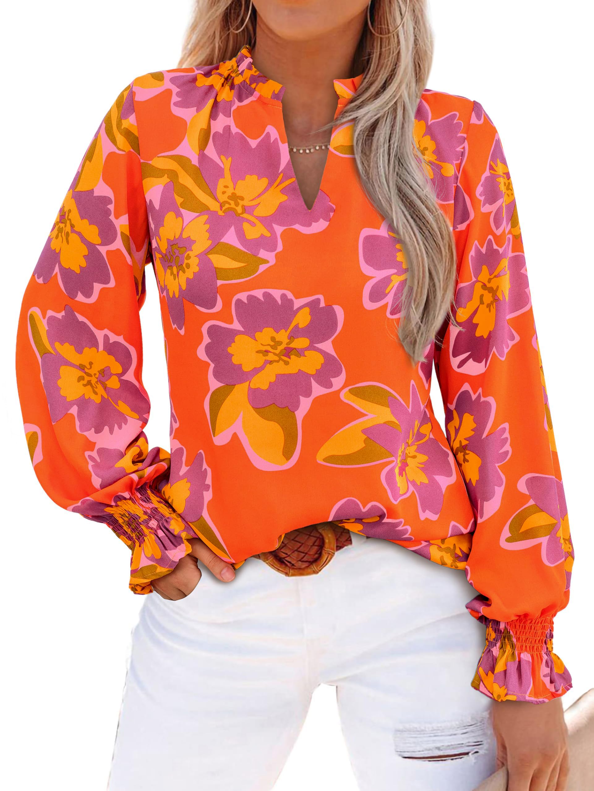 MASCOMODA Womens V Neck Floral Long Sleeve Tops 2025 Summer Casual Loose Puff Sleeve Chiffon Boho Work Blouse Dressy T Shirts(Orange Purple Flower,Large)