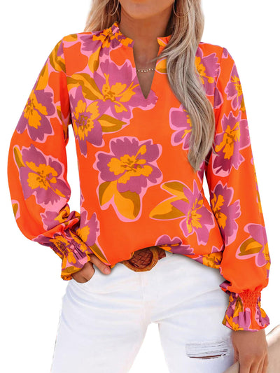 MASCOMODA Womens V Neck Floral Long Sleeve Tops 2025 Summer Casual Loose Puff Sleeve Chiffon Boho Work Blouse Dressy T Shirts(Orange Purple Flower,Large)