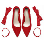 Load image into Gallery viewer, Fashare Womens Bow Heels Closed Toe Stiletto High Heel Sexy Wrap Tie Removable Strap Pumps Dress Shoes, C-Red, Size 7
