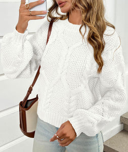 Saodimallsu Womens Cable Knit Cropped Sweater Fall Chunky Puff Long Sleeve Crewneck Loose Casual Pullover Tops White